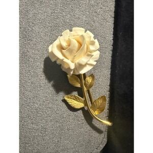 Krementz Vintage Carved Rose Brooch 12k Gold Filled Floral Pin Cream Gold Tone